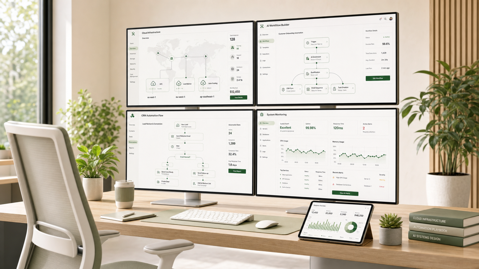 Bright cloud automation workspace with white dashboards, plants, and forest green UI accents